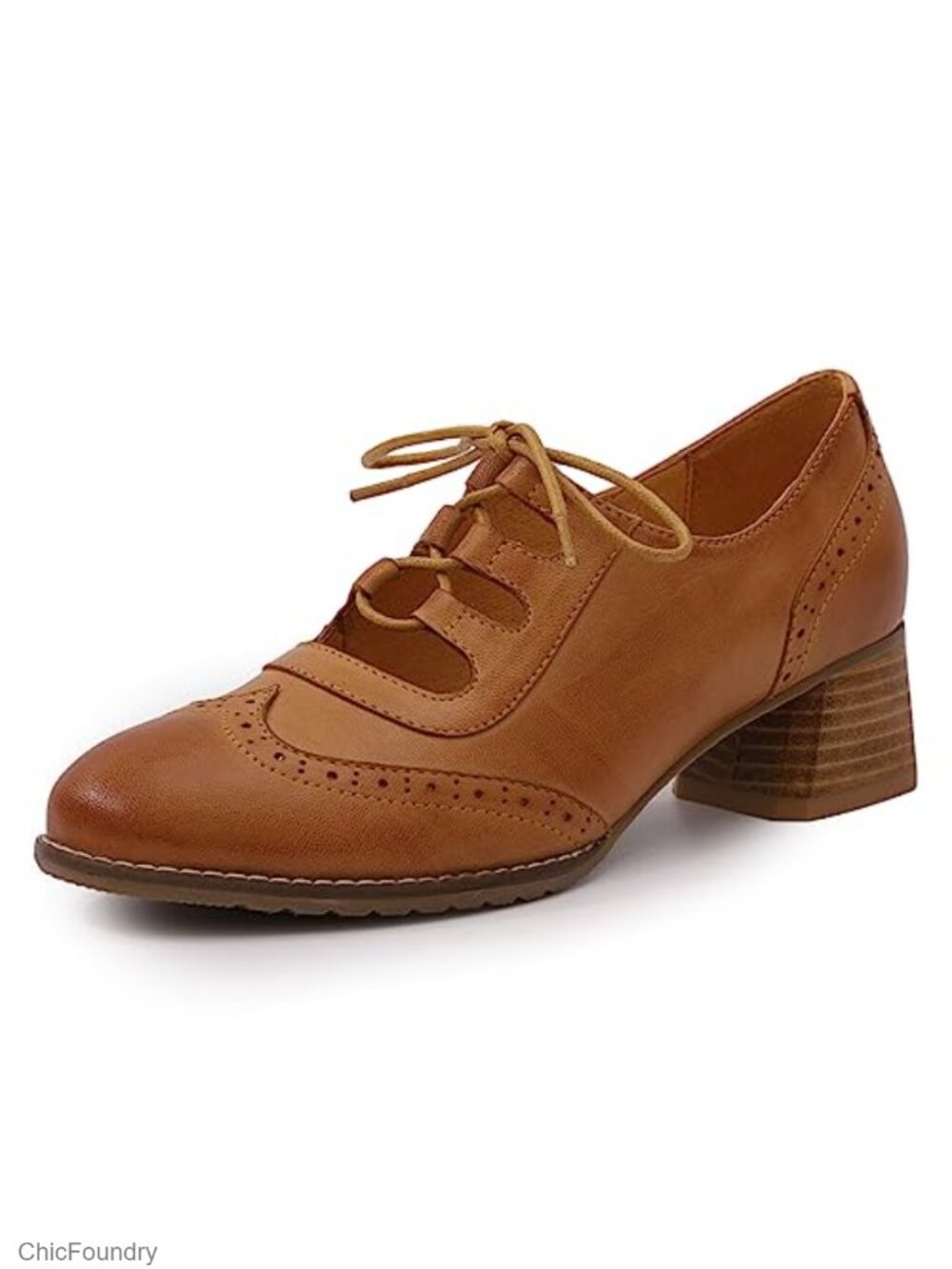 Women's Sheepskin Leather Wingtip Oxfords Chunky Heel Lace Up Pumps